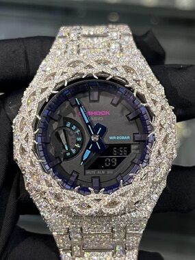 G-Shock Silver Diamond Watch with Blue and Pink Accents